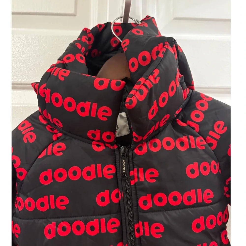 Secret Scientist Doodle Puffer Jacket Kids Black Red Logo Hooded Zip Up Coat -4T
